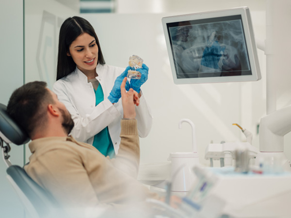 Smiling dentist showing patient model of teeth